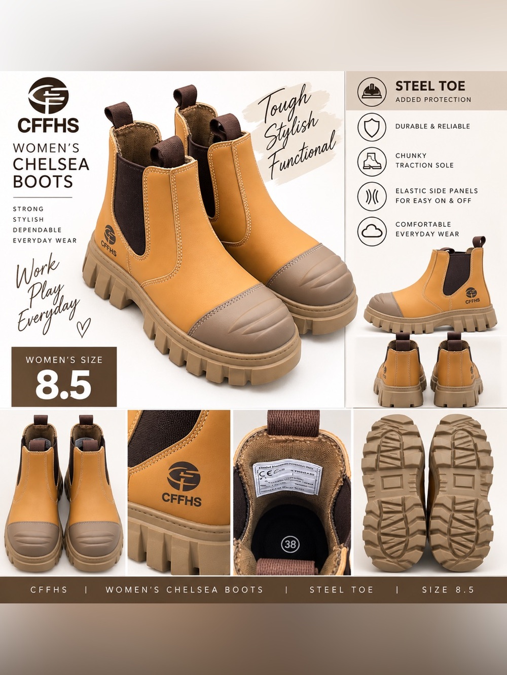 Women’s Chelsea Work Boots — Tan with Brown Accents